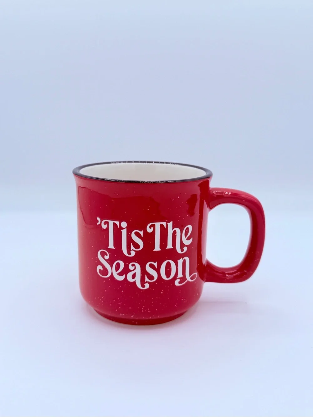 Tis The Season Red Speckled Ceramic Christmas Coffee Mug Black Rim 16 oz